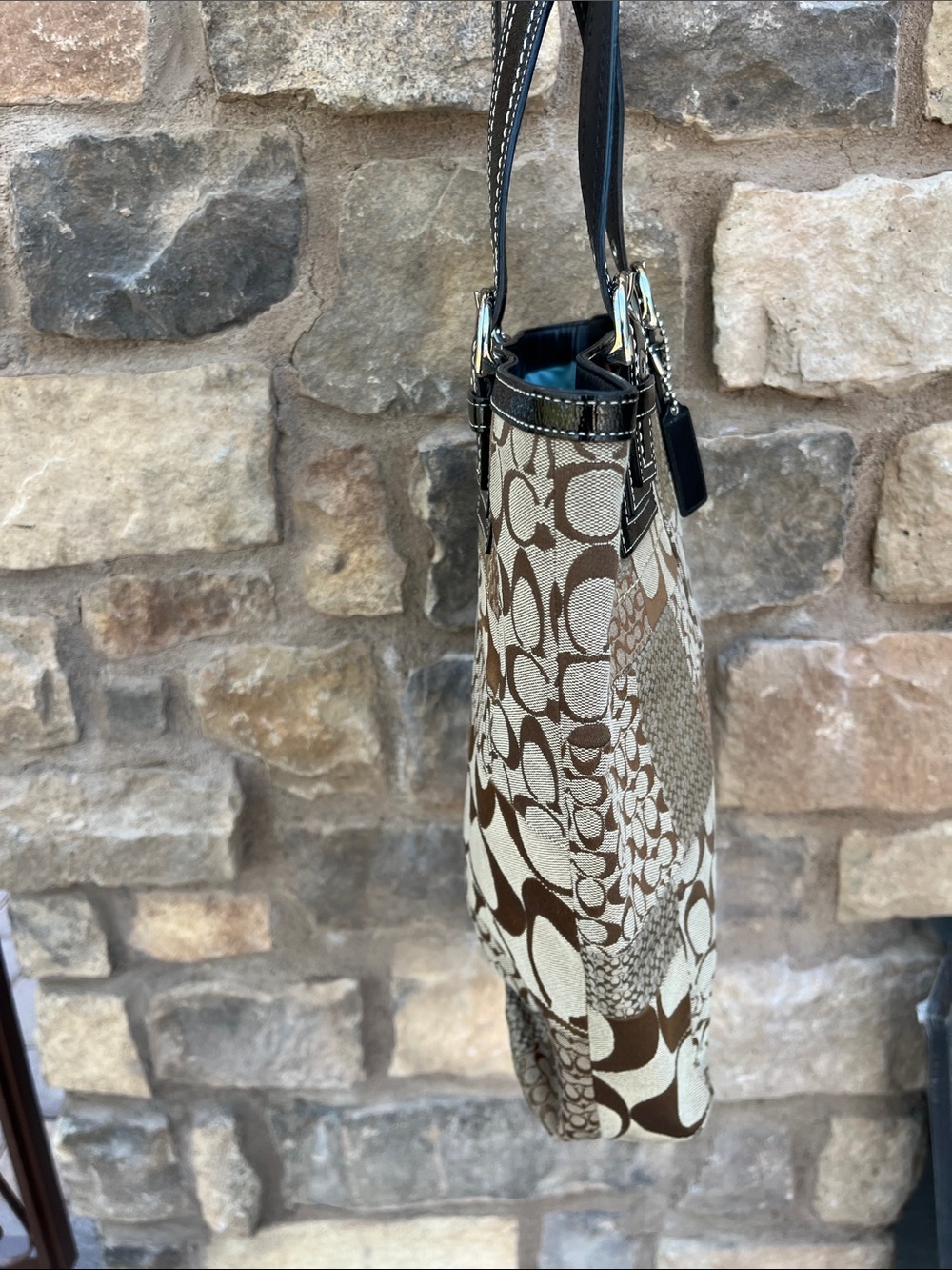 Coach Vintage Large Patchwork Brown Jacquard Signature C Logo Tote Black Patent - Picture 7 of 14